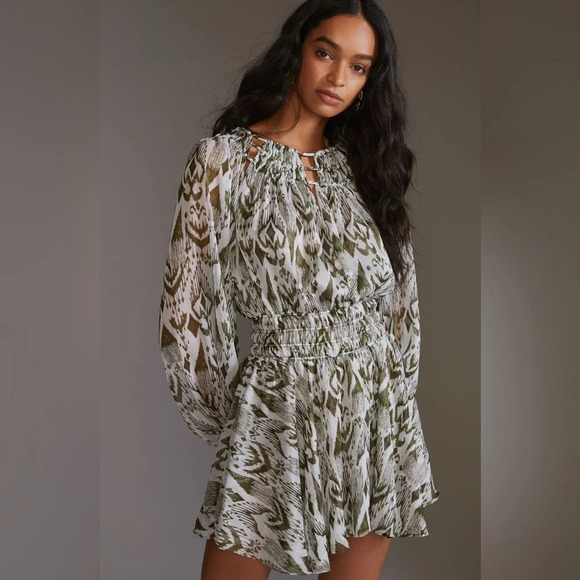 NWT MISA Crewneck Ikat Printed Mini Dress Size XS Moss Olive - Picture 7 of 15